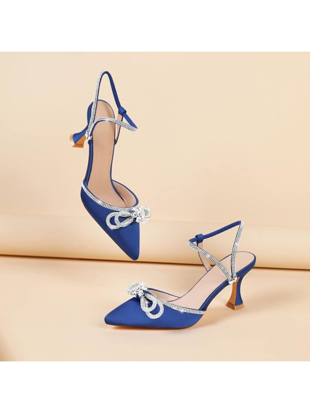 Women's Blue Sparkly Bow Closed Toe Rhinestone Low Slingback Shoes Kitten Heels